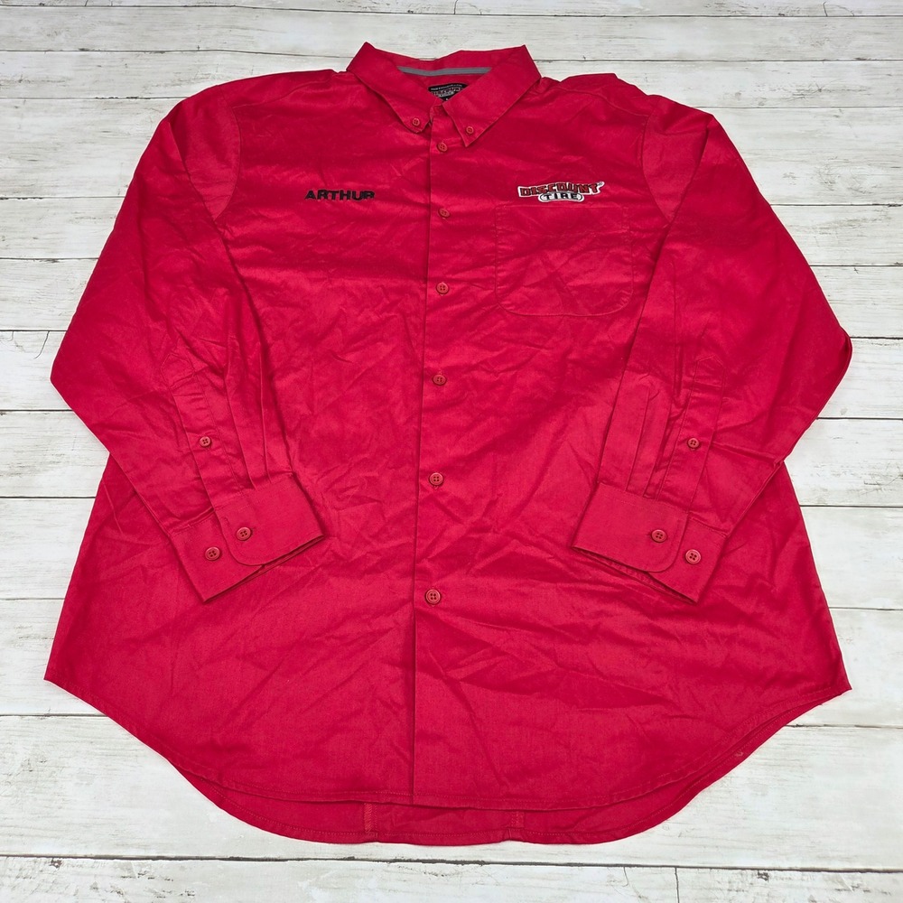 Discount Tire Uniform Work Shirt Button Down Mens Large Red Long Sleeve Arthur